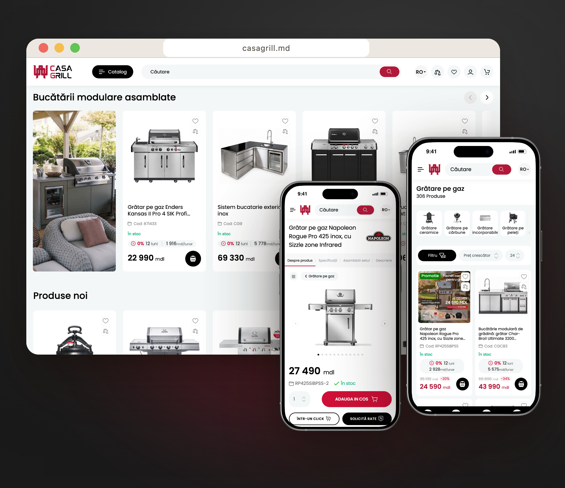 Outdoor kitchens and product pages, with 0% instalments built in.