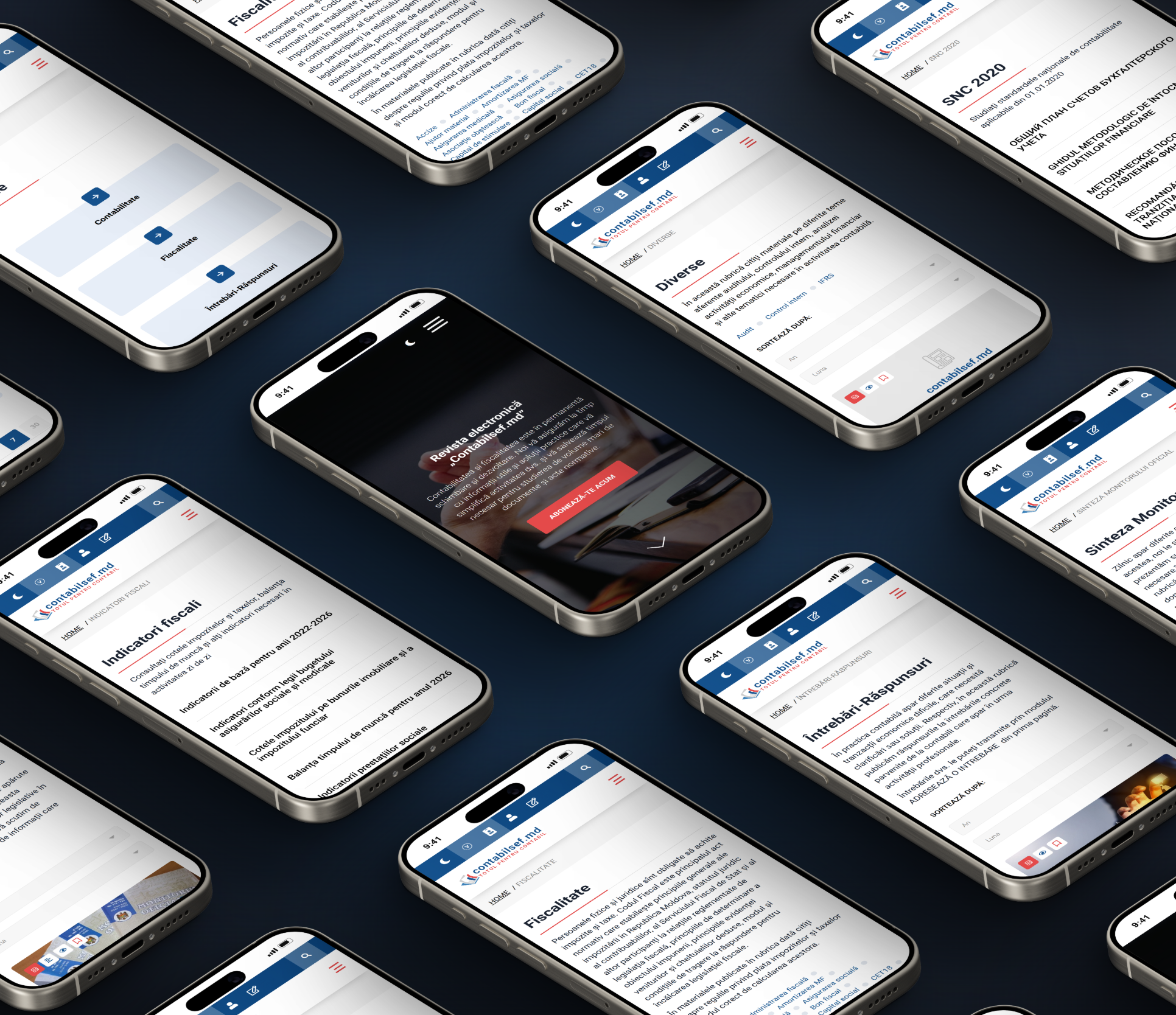 News, articles, indicators and the magazine, each on a phone.