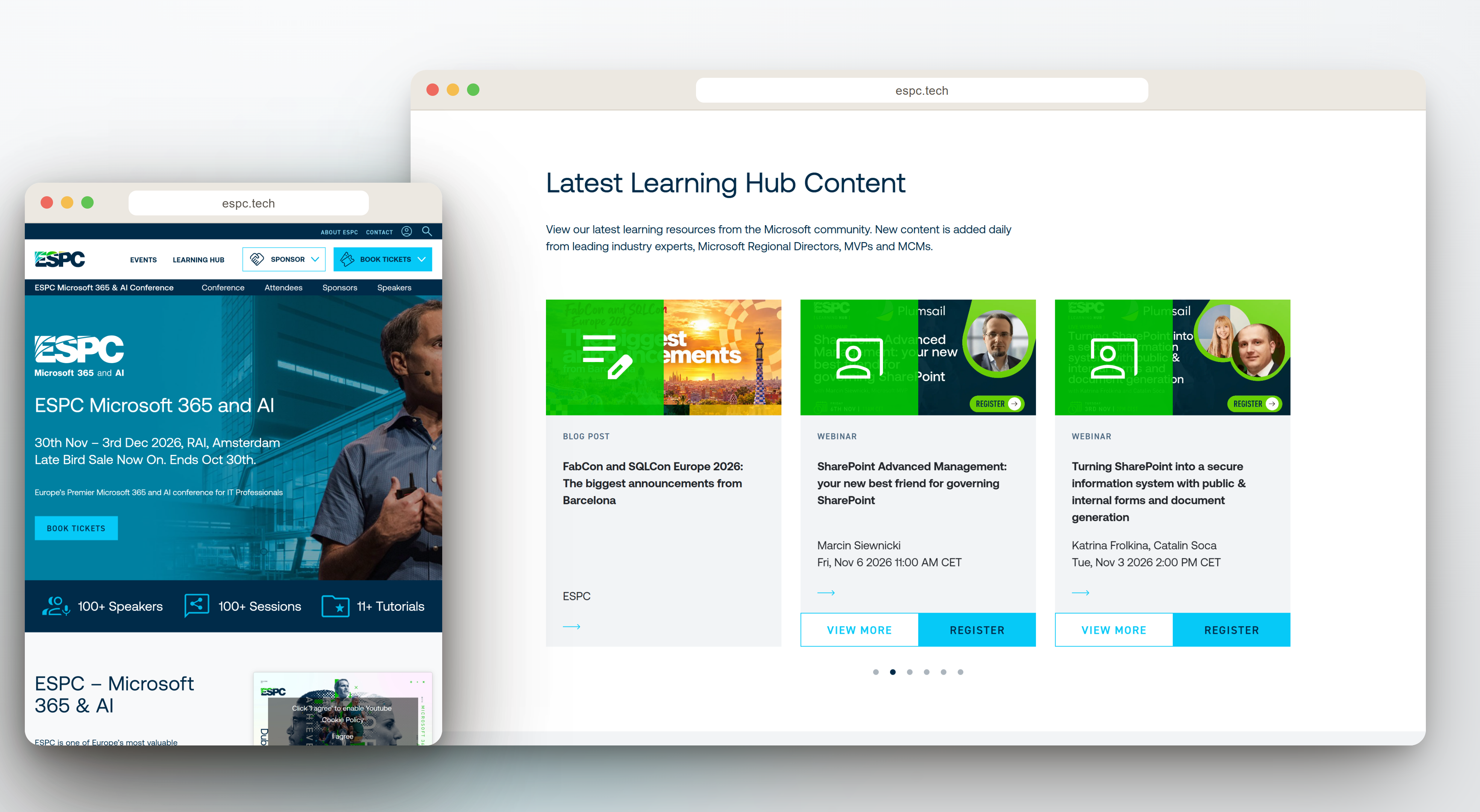 Learning Hub content — webinars, blog posts and events, one click from the homepage.