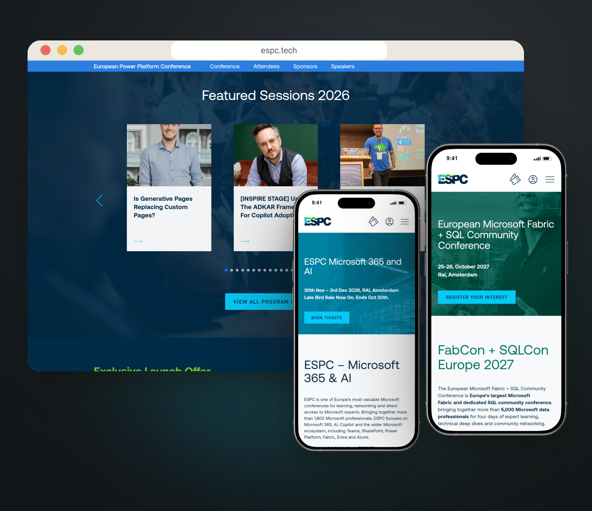 Featured sessions and conference pages, with ticket booking built in.