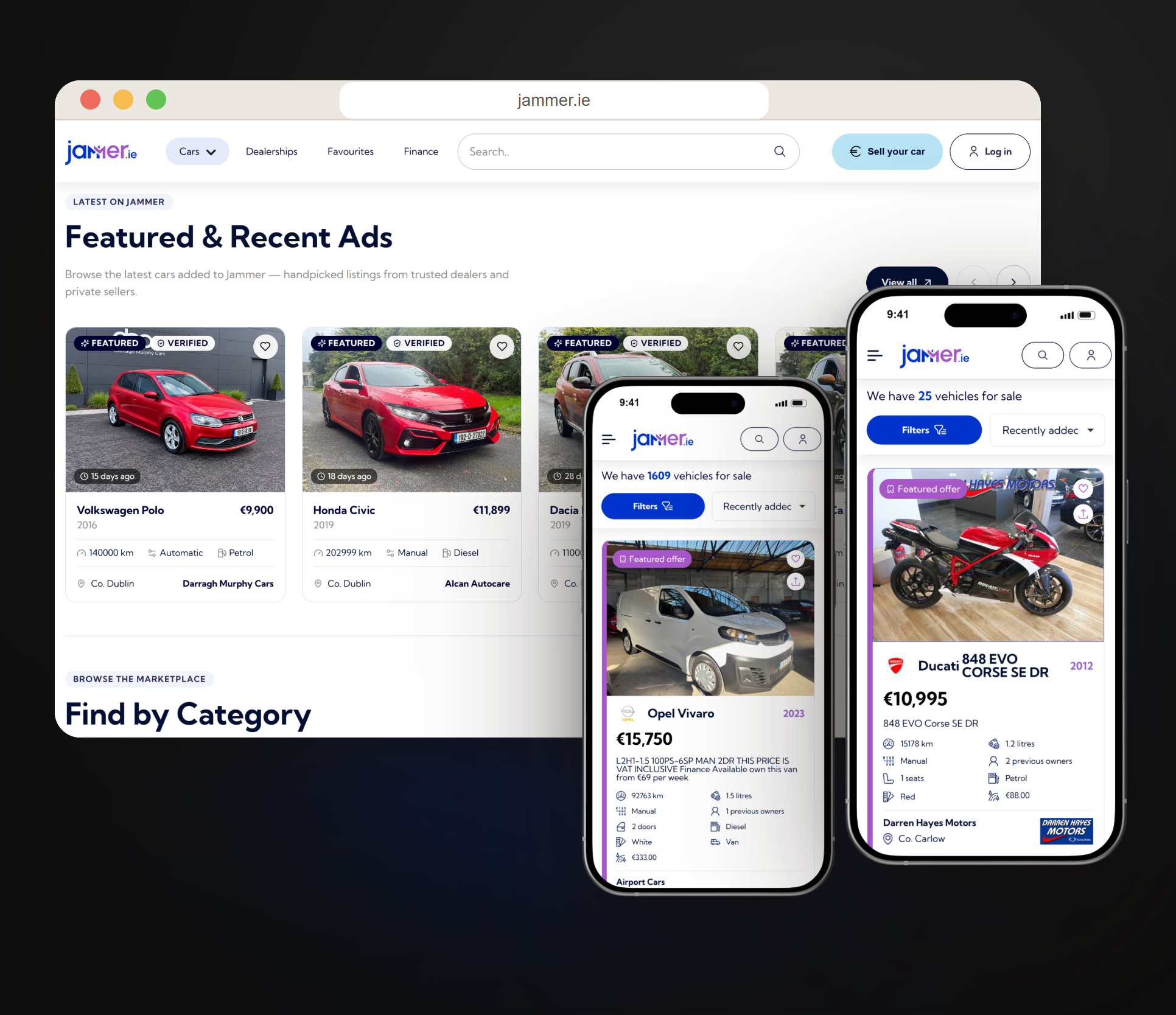 Featured and recent ads, with commercial vehicles and motorbikes a tap away.