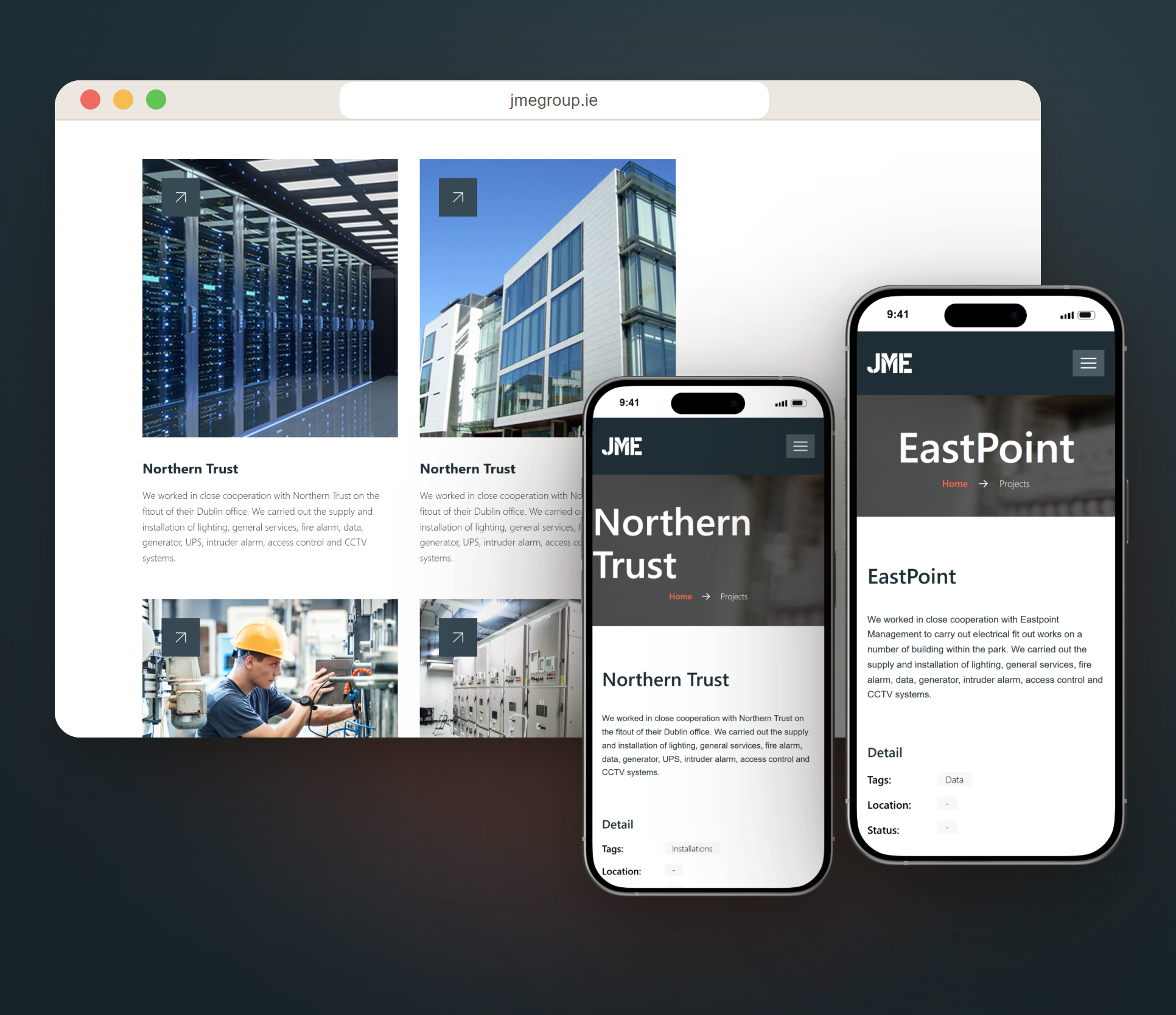 Project stories like EastPoint and Northern Trust, with the detail behind each job.