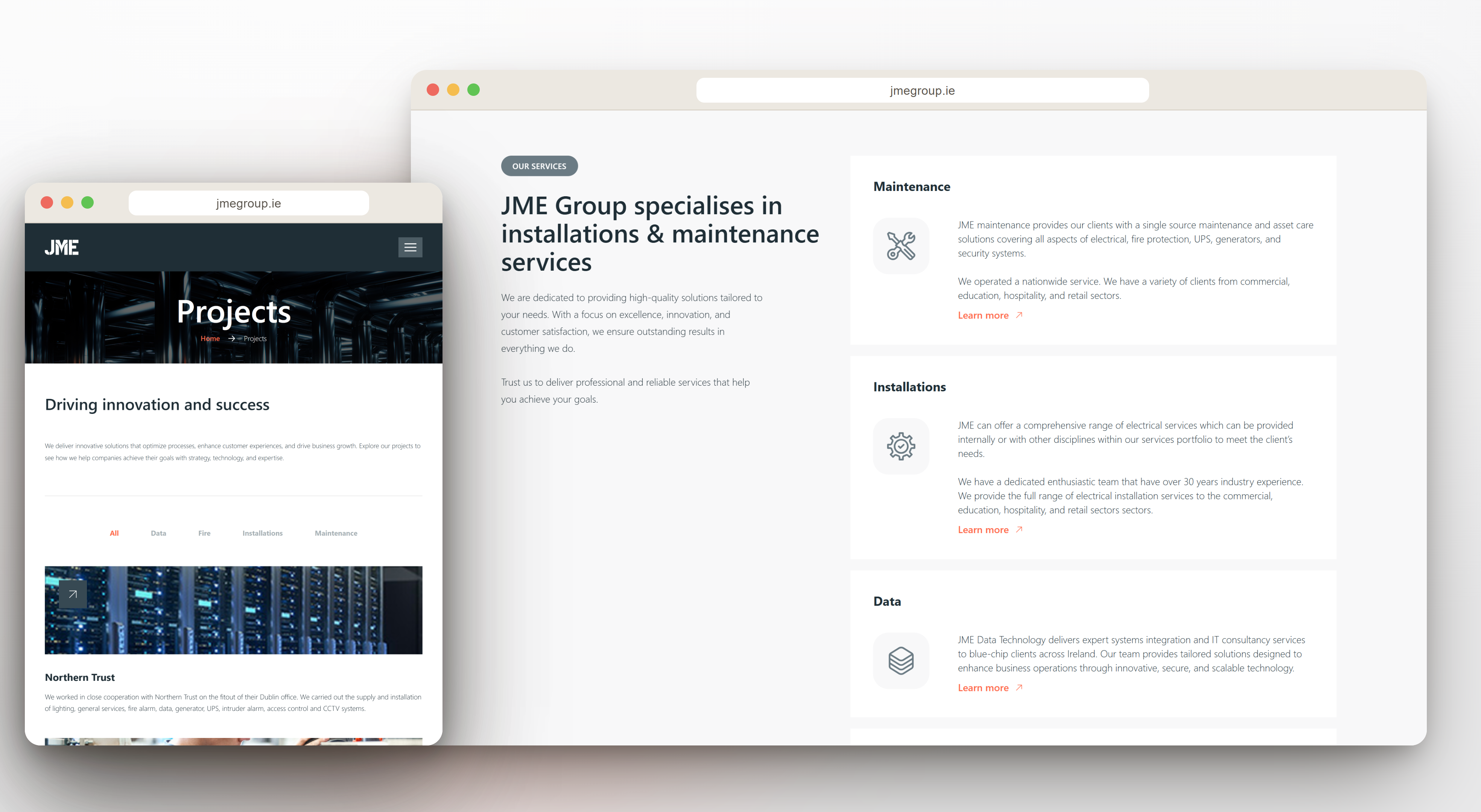 Four services — maintenance, installations, data and fire, one click from the homepage.