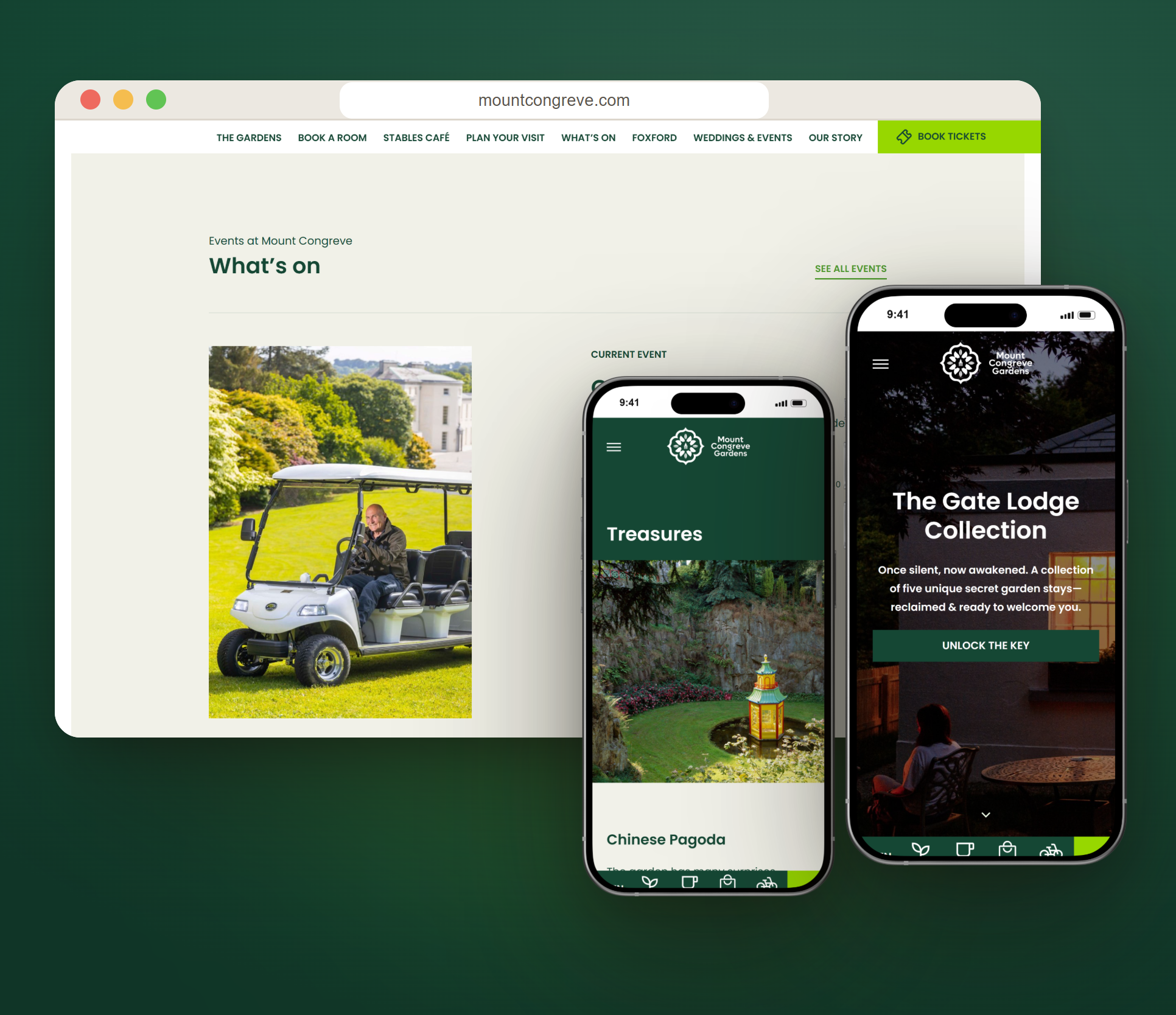 What’s on — the events programme, with treasures and gate lodges on mobile.