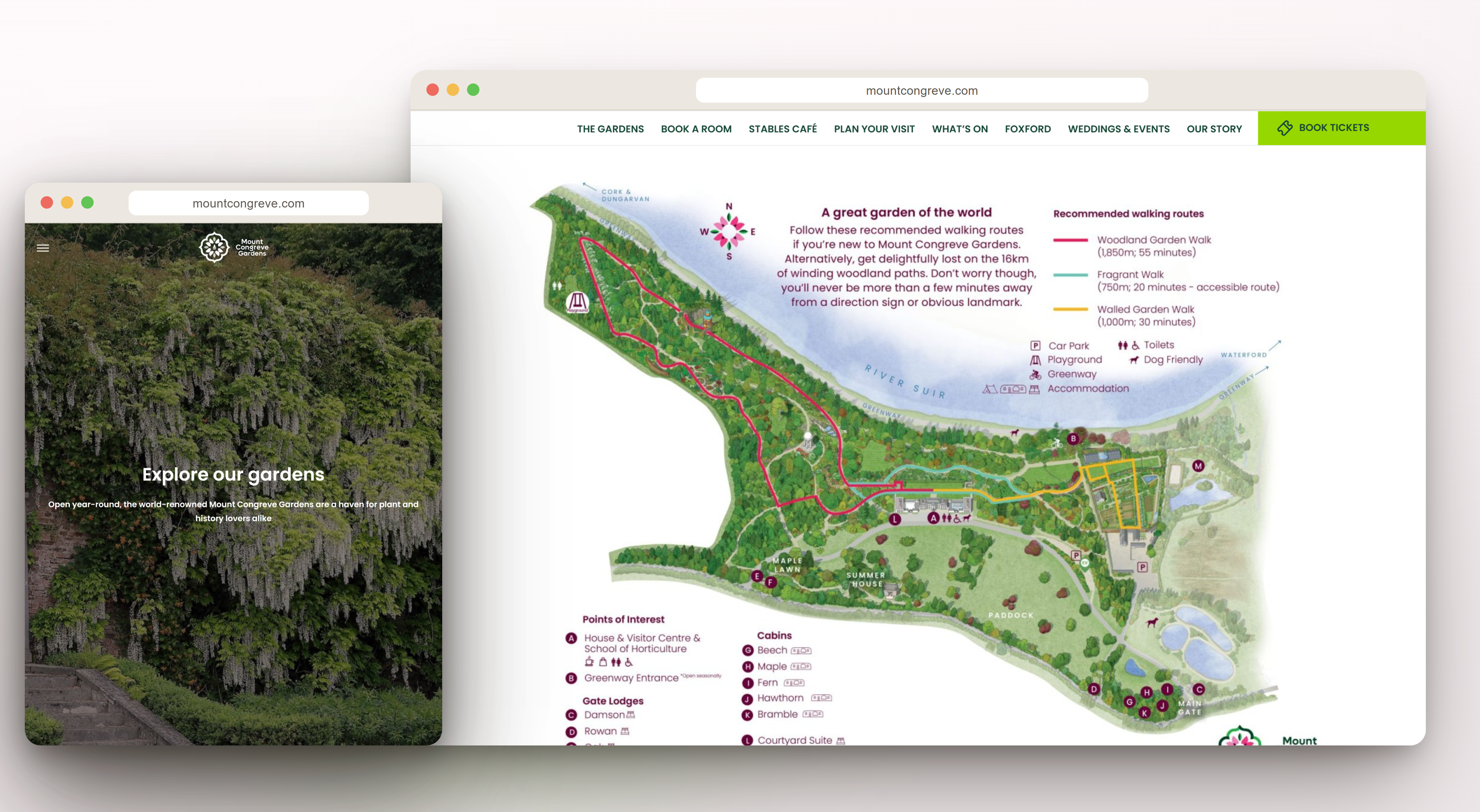 The estate map and the gardens — every lodge, cabin, trail and treasure on one illustrated map.