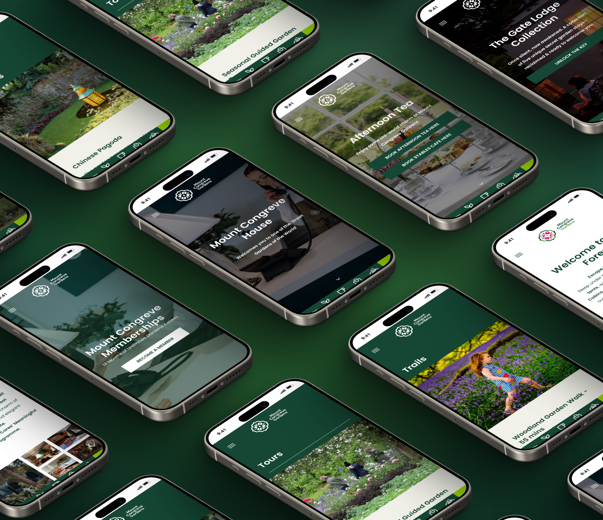 Gardens, trails, tours, stays and membership pages, designed for mobile.