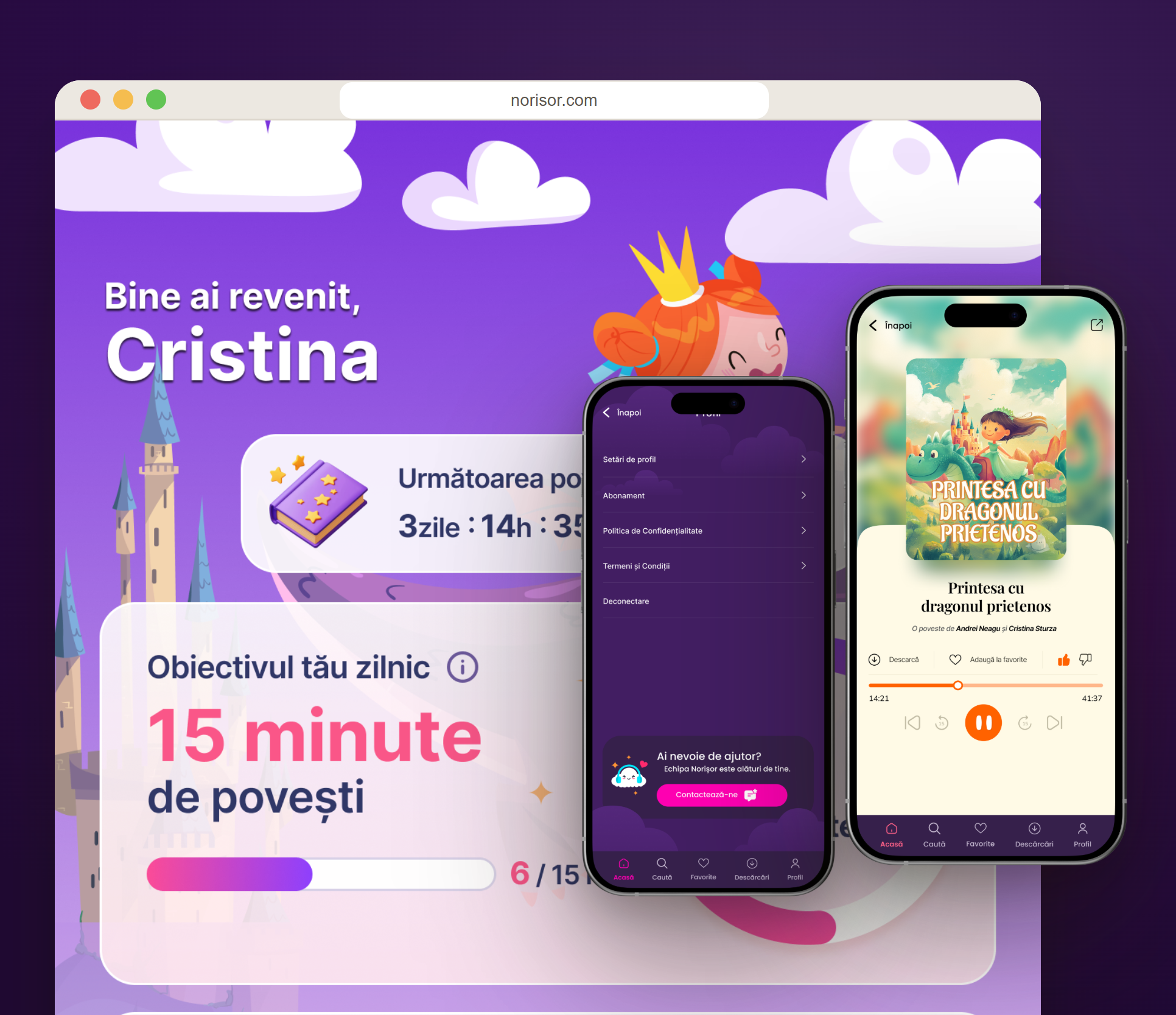 Dashboard: listening time and progress for parents.