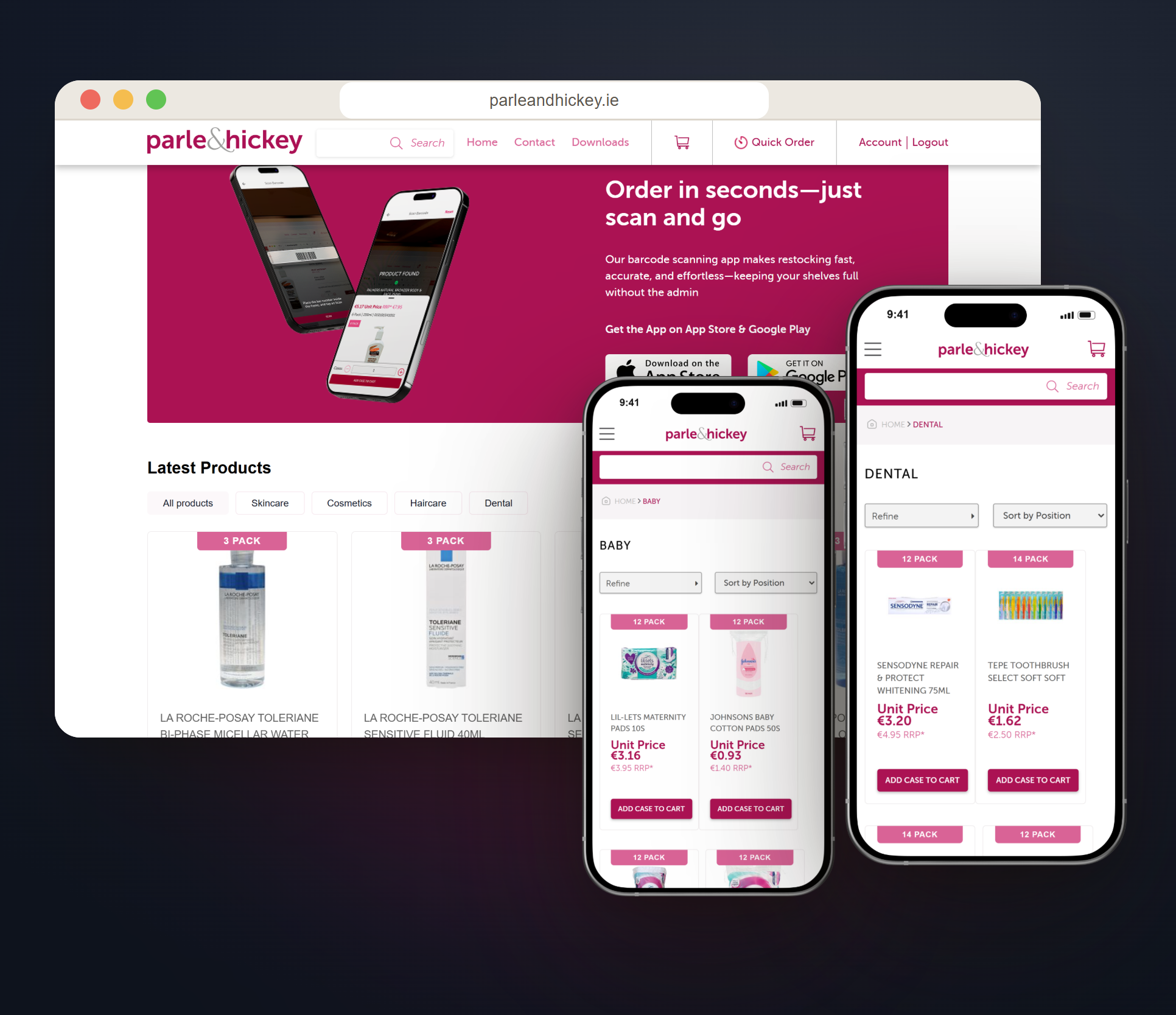 Scan and go: the ordering app beside the catalogue, with baby and dental on mobile.