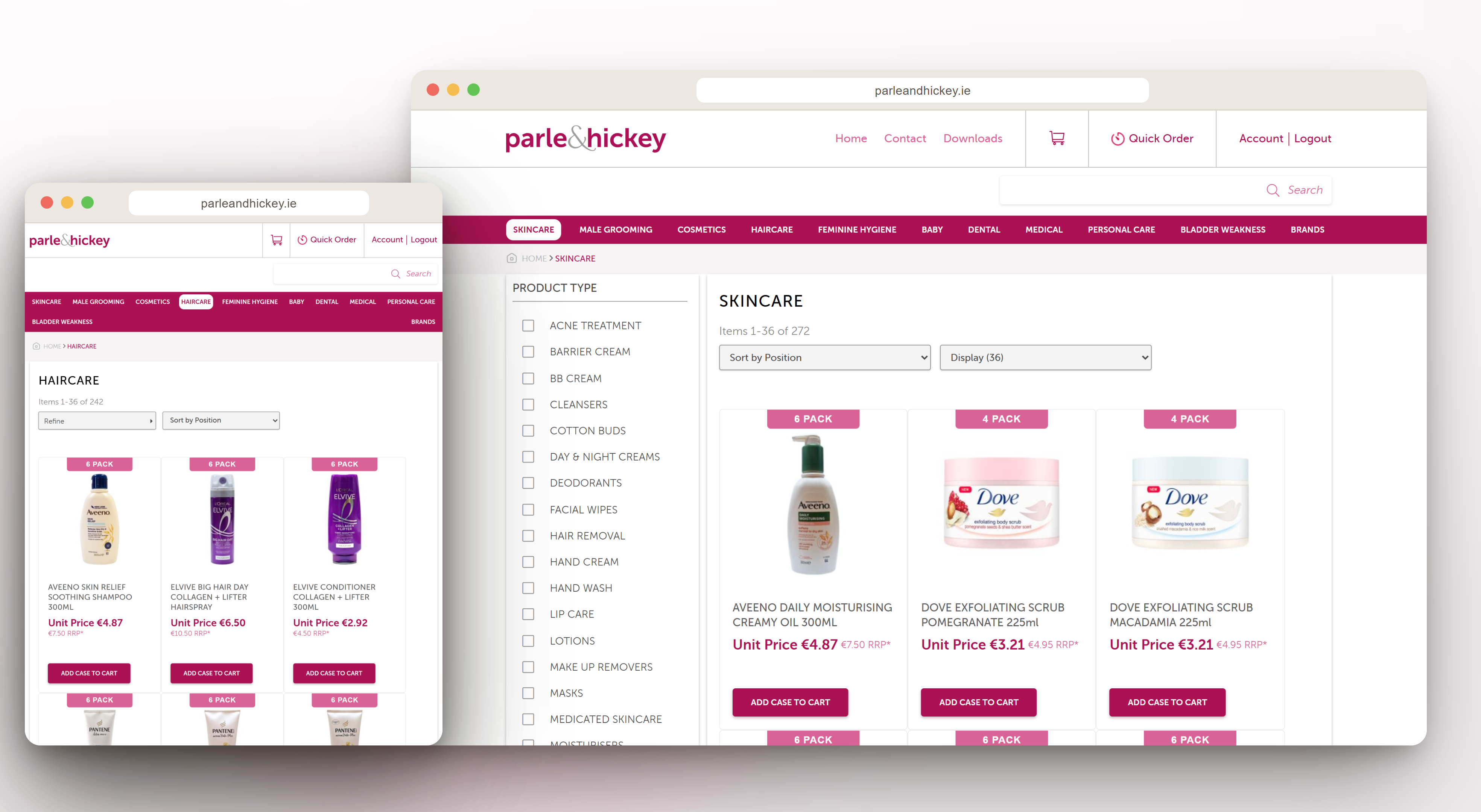 Catalogue: skincare and haircare, with filters, pack sizes and wholesale prices.