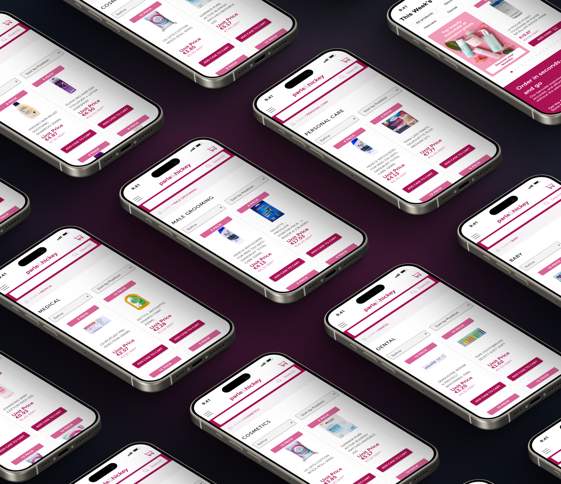 Departments: skincare, grooming, medical, dental, baby and cosmetics, each on a phone.