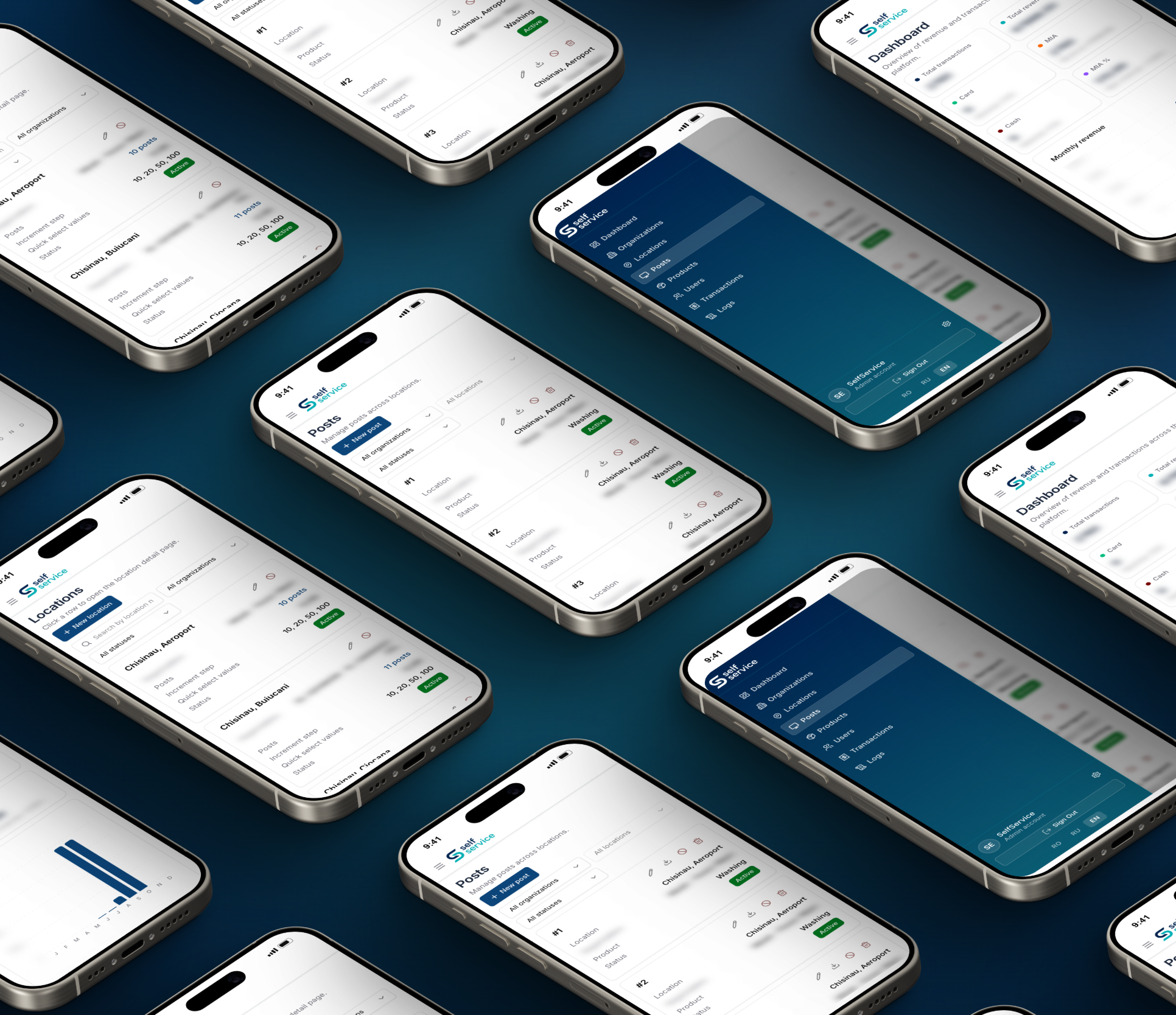 Dashboard, locations, posts and the menu, each on a phone.