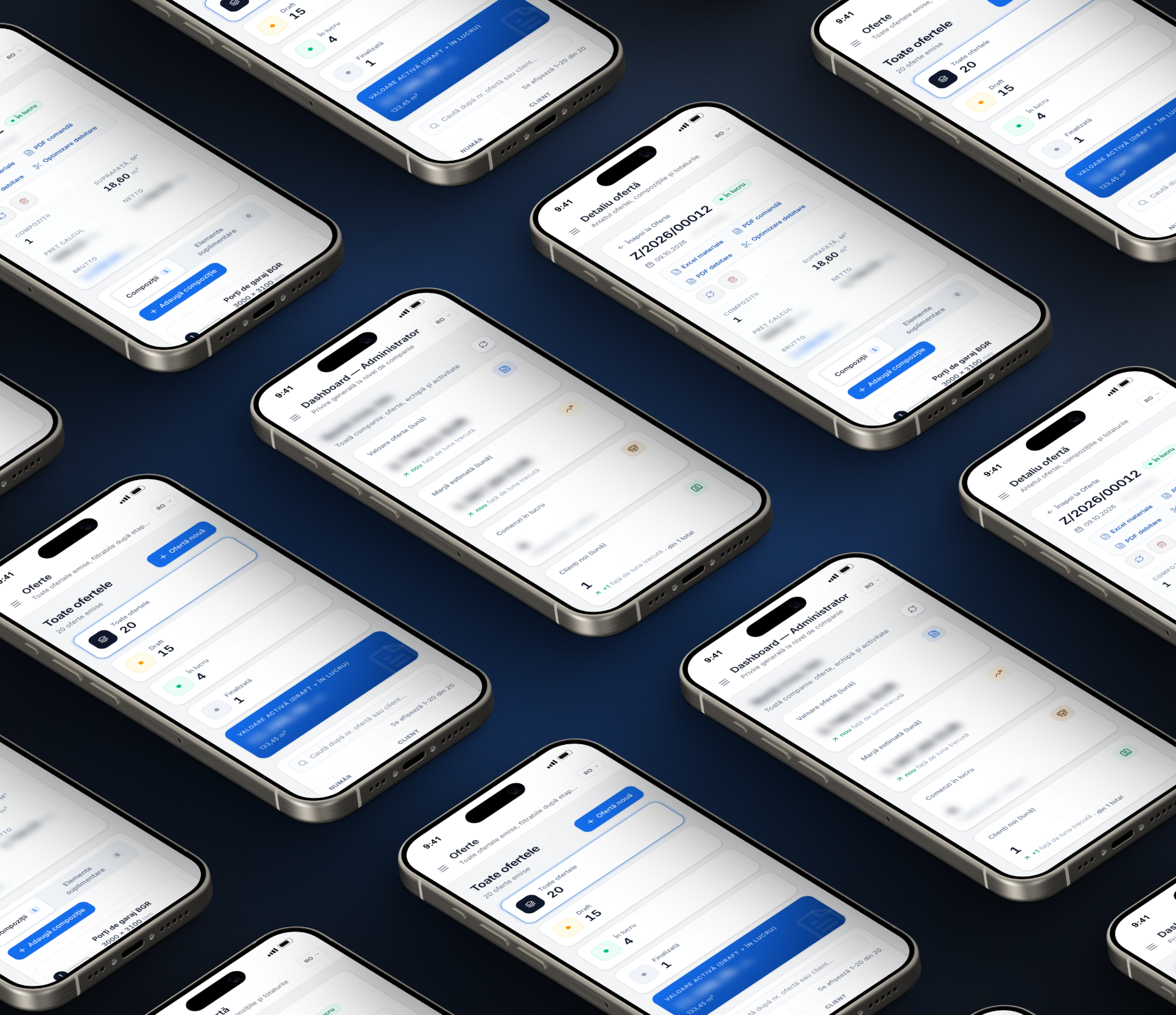Dashboard, the offer and the quote list, each on a phone.