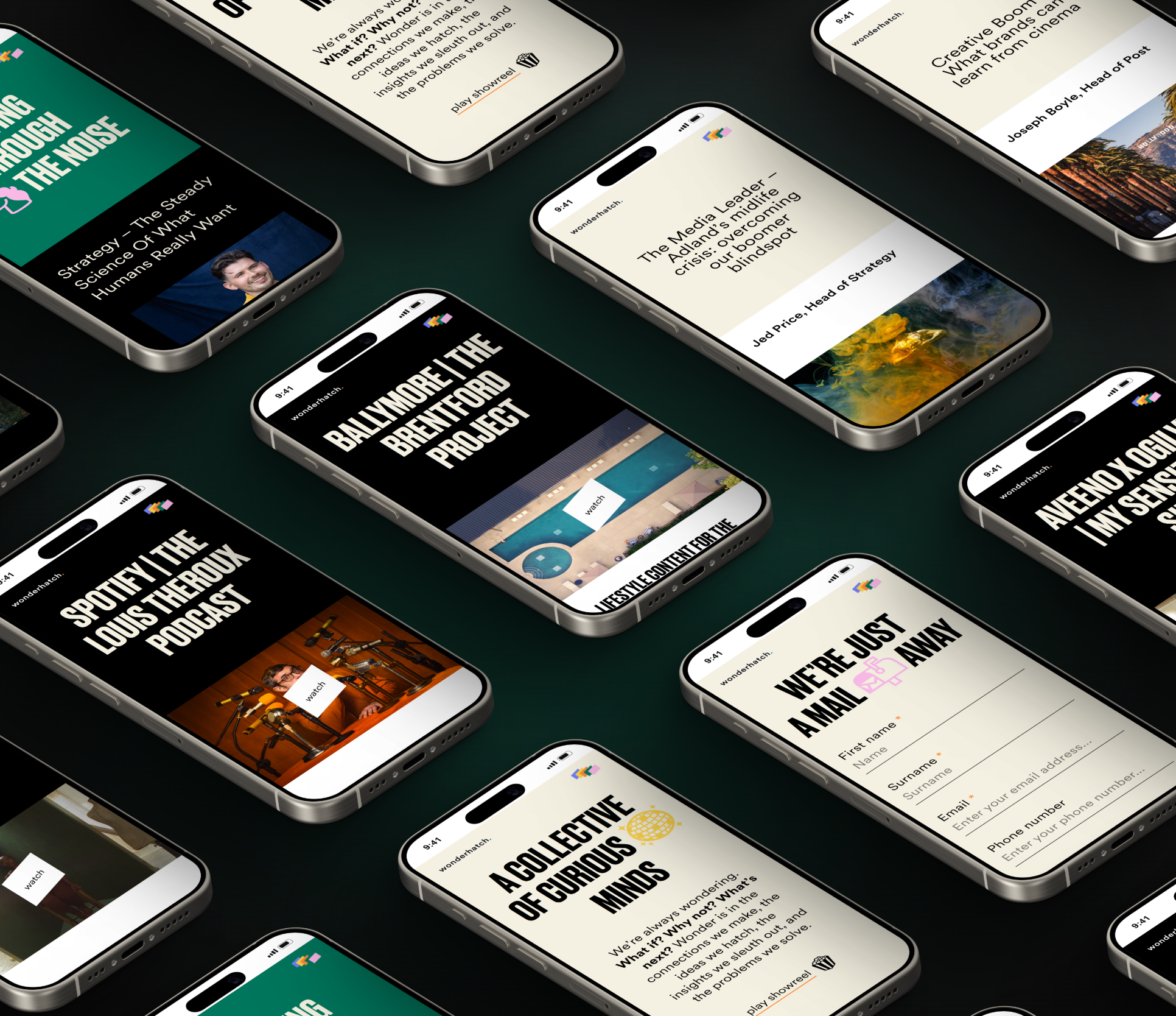 Work, news, about and project pages, designed for mobile.
